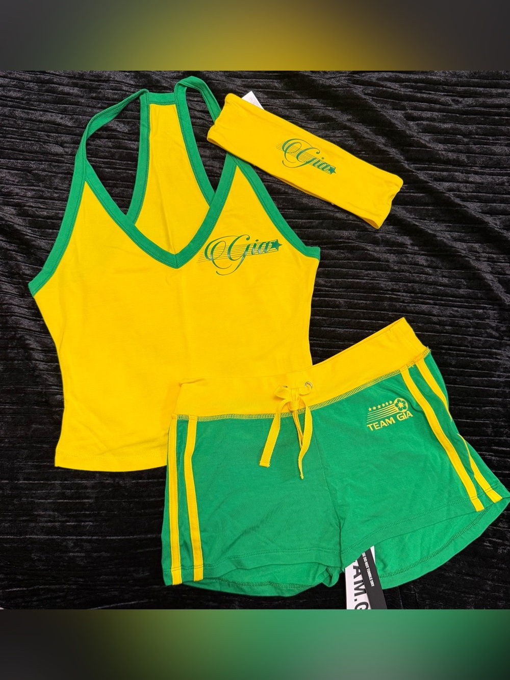 I.AM.GIA Yellow Halter Tank with Green Trim and Green Drawstring Shorts - Picture 2 of 5